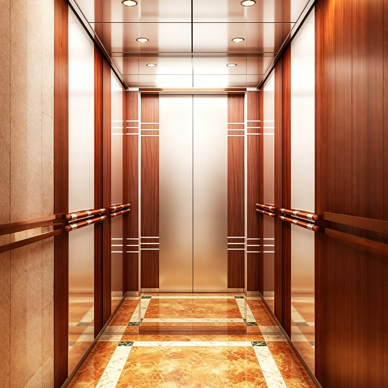 Ascensore per passeggeri con rivestimento in legno in stile sala macchine per centro business